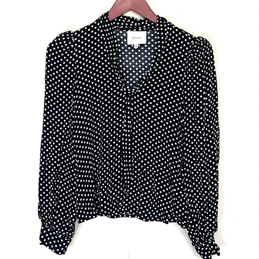 Reformation Anaya Caviar Dot Polka Tie Front Blouse Black White Puff Sleeve S